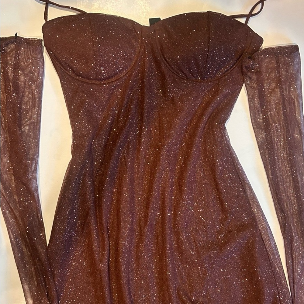 Elegant Brown Glitter Dress with gloves